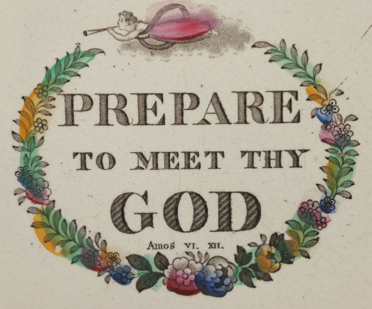 Lot 037 - Antique Lusterware Sunderland English Religious Decorative Wall Hanging Plate With Holes For Ribbon, "Prepare To Meet Thy God" (Amos 4:12)