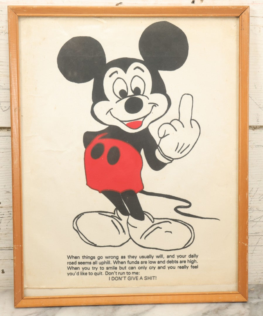 Lot 039 - Vintage Mickey Mouse "Flipping The Bird" Giving Middle Finger Printed Pop Art In Frame, "I Don'T Give A Shit," As Found, 11-34" x 14-7/8"
