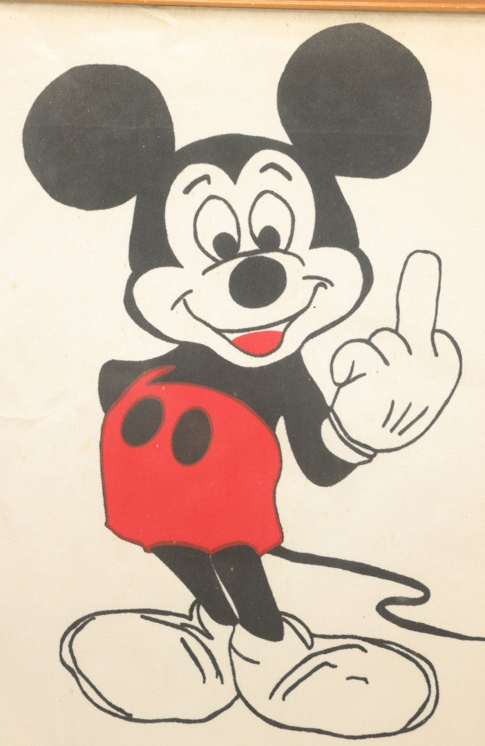 Lot 039 - Vintage Mickey Mouse "Flipping The Bird" Giving Middle Finger Printed Pop Art In Frame, "I Don'T Give A Shit," As Found, 11-34" x 14-7/8"