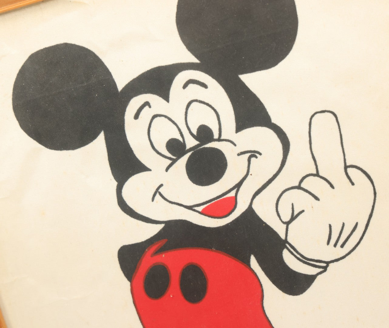 Lot 039 - Vintage Mickey Mouse "Flipping The Bird" Giving Middle Finger Printed Pop Art In Frame, "I Don'T Give A Shit," As Found, 11-34" x 14-7/8"