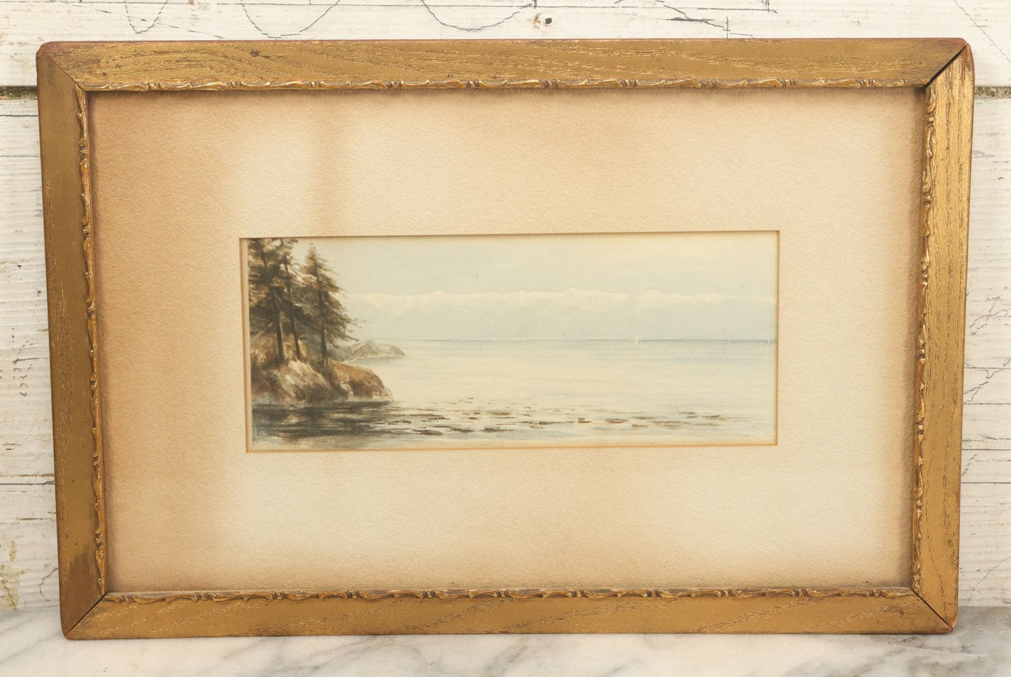 Lot 040 - Antique Watercolor Seascape Lakefront Harbor Scene With Trees On Water's Edge, Sailboats In Distance, In Frame, 14-3/8" x 9-1/2"