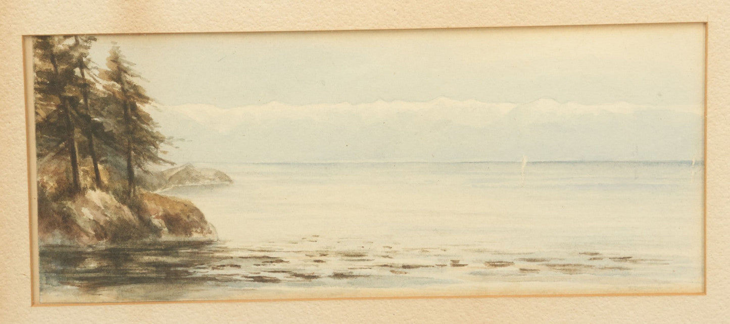 Lot 040 - Antique Watercolor Seascape Lakefront Harbor Scene With Trees On Water's Edge, Sailboats In Distance, In Frame, 14-3/8" x 9-1/2"