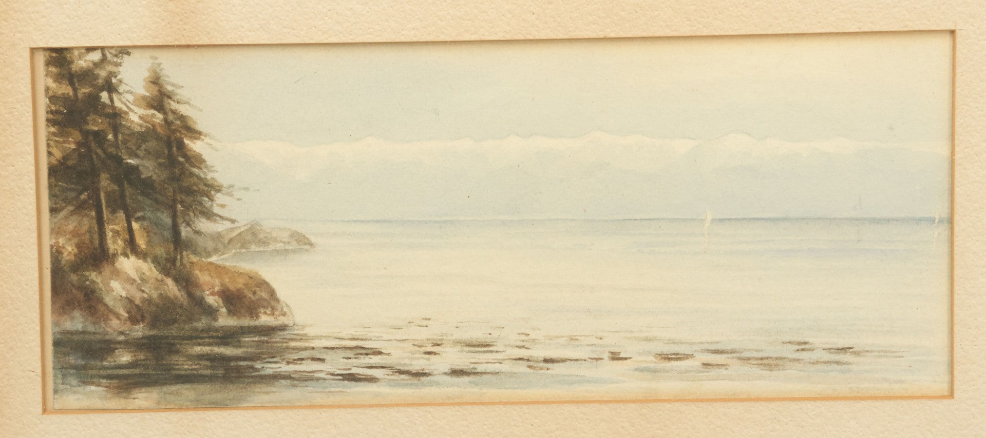 Lot 040 - Antique Watercolor Seascape Lakefront Harbor Scene With Trees On Water's Edge, Sailboats In Distance, In Frame, 14-3/8" x 9-1/2"