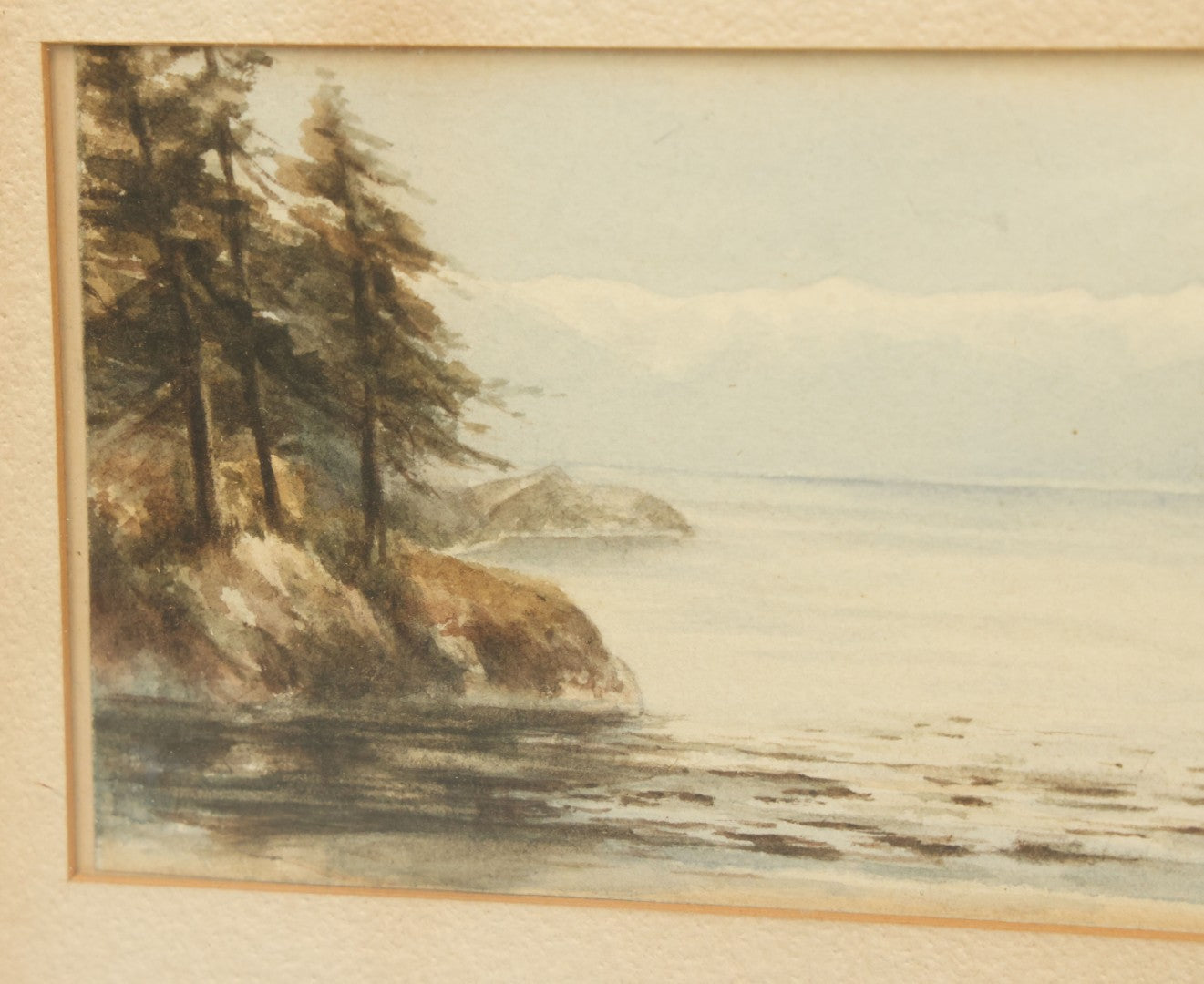Lot 040 - Antique Watercolor Seascape Lakefront Harbor Scene With Trees On Water's Edge, Sailboats In Distance, In Frame, 14-3/8" x 9-1/2"