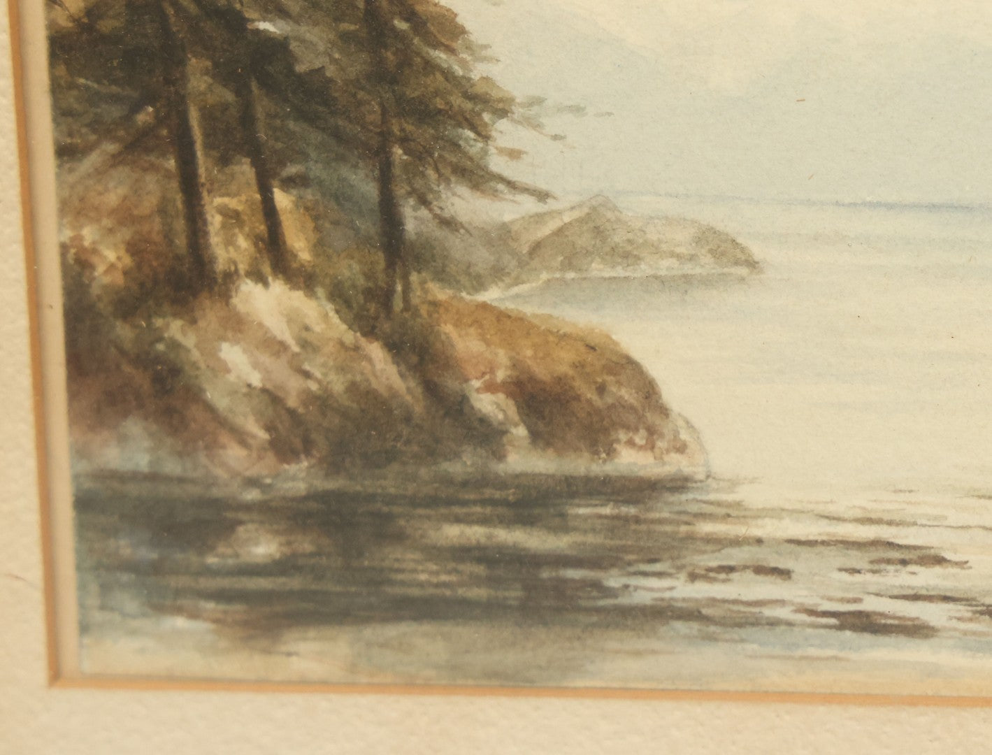 Lot 040 - Antique Watercolor Seascape Lakefront Harbor Scene With Trees On Water's Edge, Sailboats In Distance, In Frame, 14-3/8" x 9-1/2"