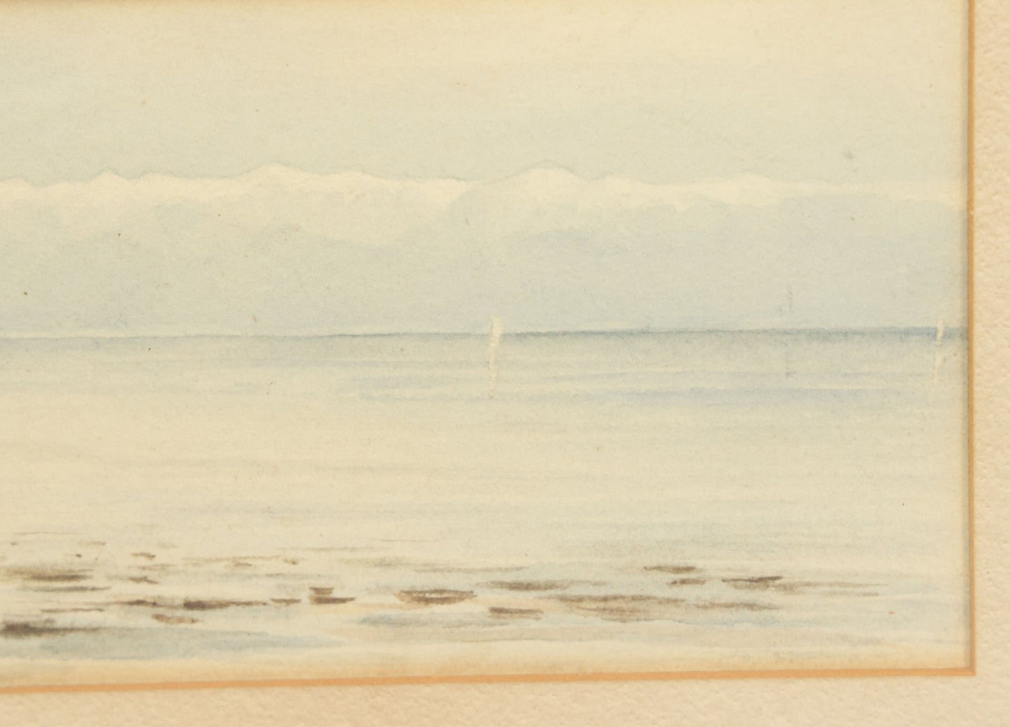 Lot 040 - Antique Watercolor Seascape Lakefront Harbor Scene With Trees On Water's Edge, Sailboats In Distance, In Frame, 14-3/8" x 9-1/2"