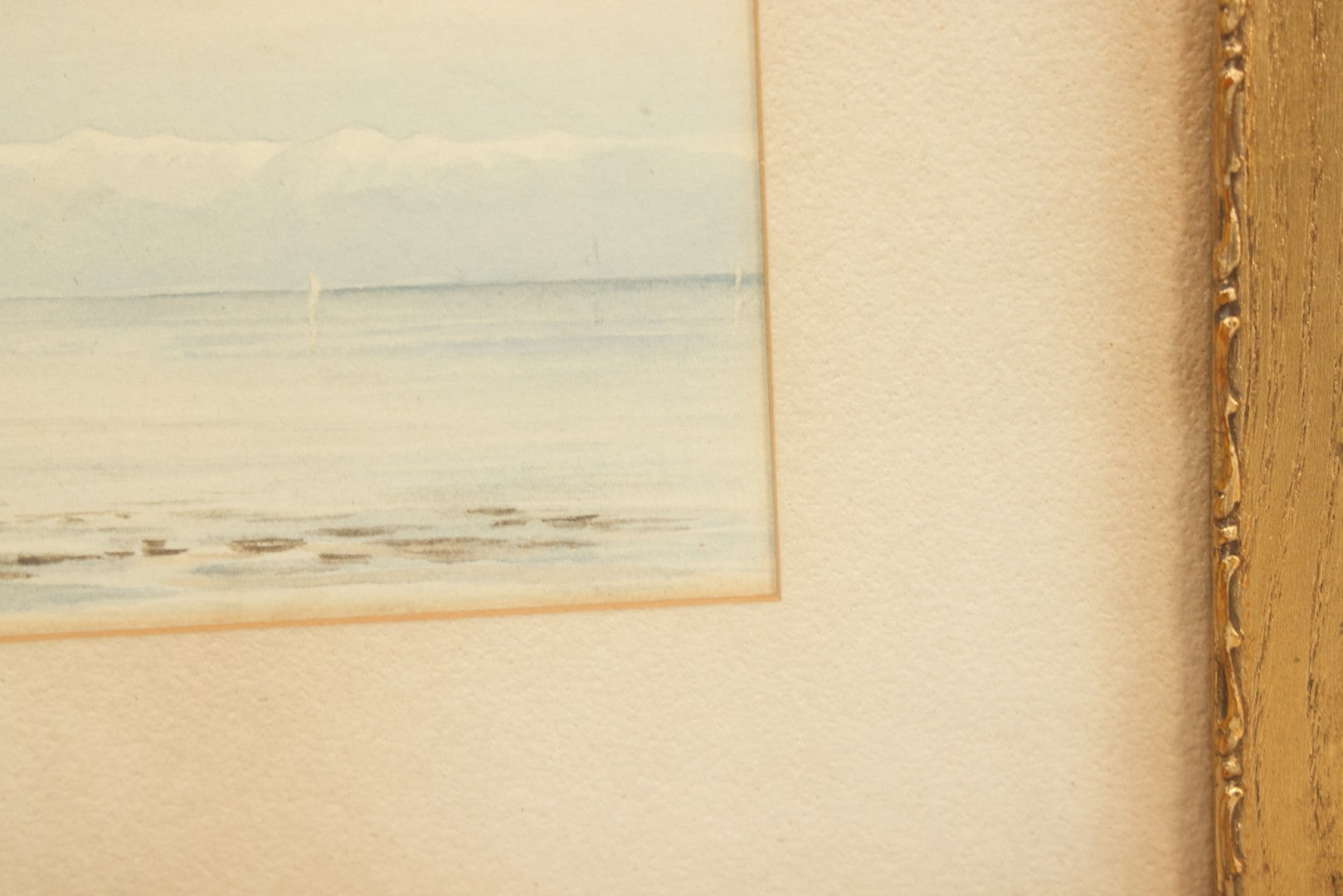 Lot 040 - Antique Watercolor Seascape Lakefront Harbor Scene With Trees On Water's Edge, Sailboats In Distance, In Frame, 14-3/8" x 9-1/2"