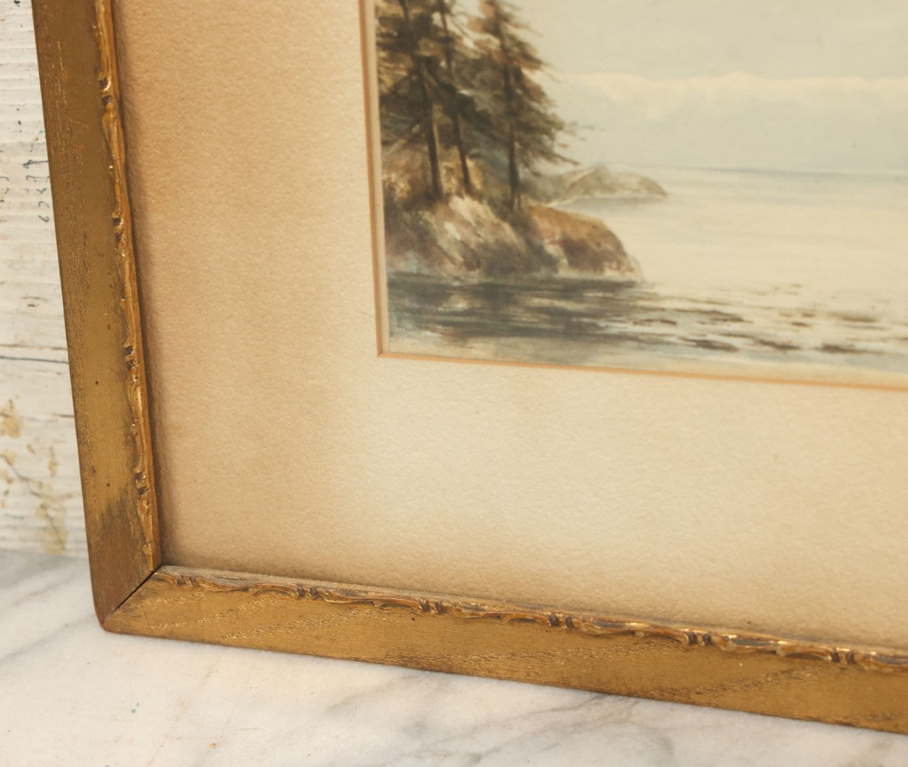 Lot 040 - Antique Watercolor Seascape Lakefront Harbor Scene With Trees On Water's Edge, Sailboats In Distance, In Frame, 14-3/8" x 9-1/2"