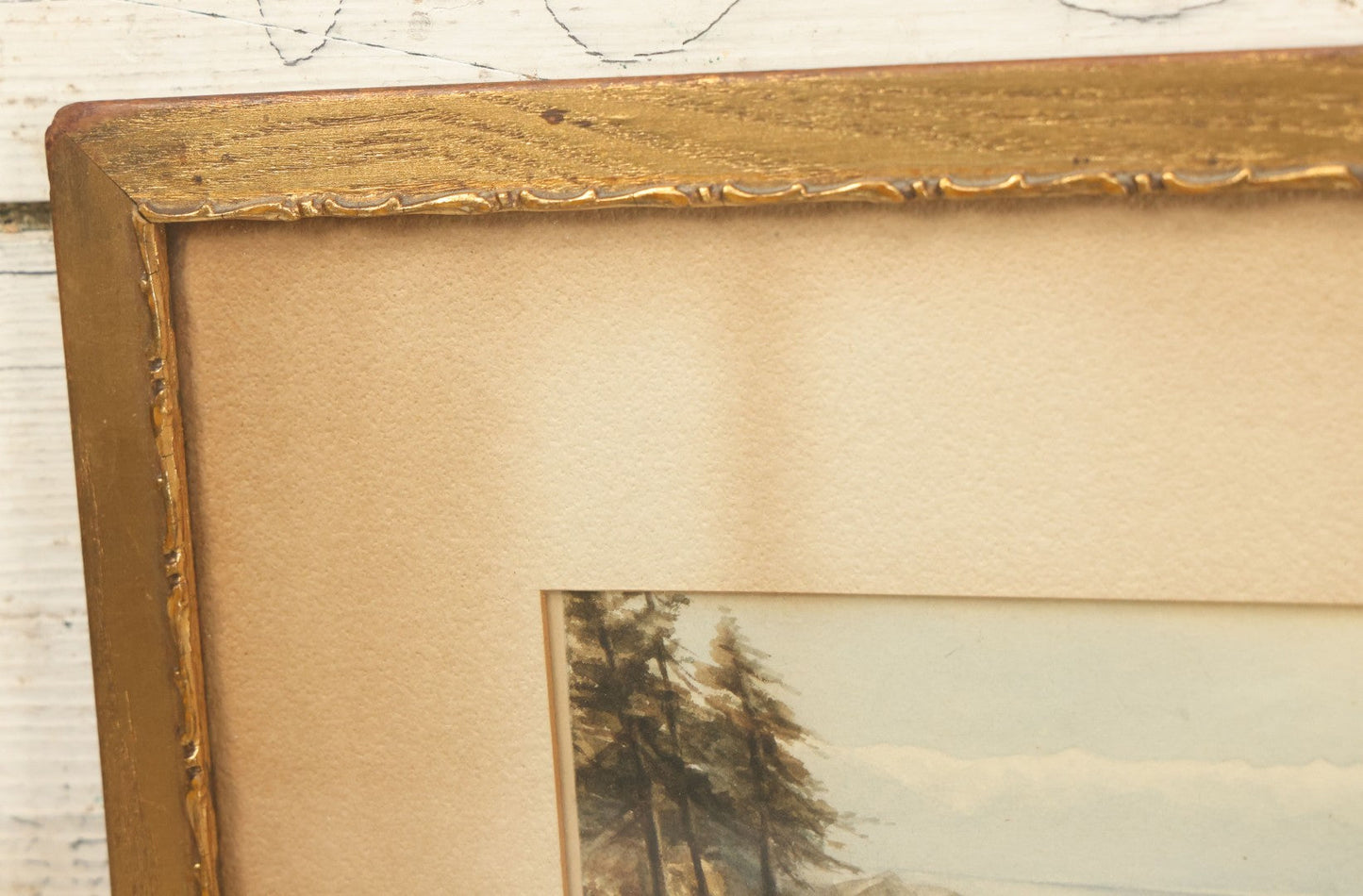 Lot 040 - Antique Watercolor Seascape Lakefront Harbor Scene With Trees On Water's Edge, Sailboats In Distance, In Frame, 14-3/8" x 9-1/2"