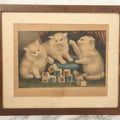 Lot 041 - Antique Hand Colored Lithograph Print Of "My Three White Kittens" Cats Playing With Blocks, "Learning Their A B C," Published By Currier & Ives, 19th Century, Note Frame Wear, 18-5/8" x 15-5/8"