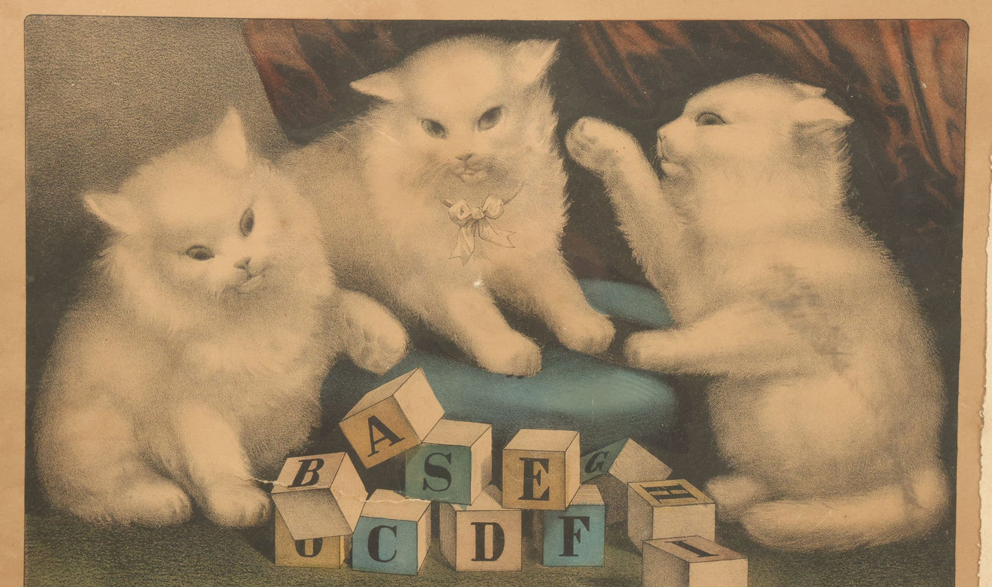 Lot 041 - Antique Hand Colored Lithograph Print Of "My Three White Kittens" Cats Playing With Blocks, "Learning Their A B C," Published By Currier & Ives, 19th Century, Note Frame Wear, 18-5/8" x 15-5/8"