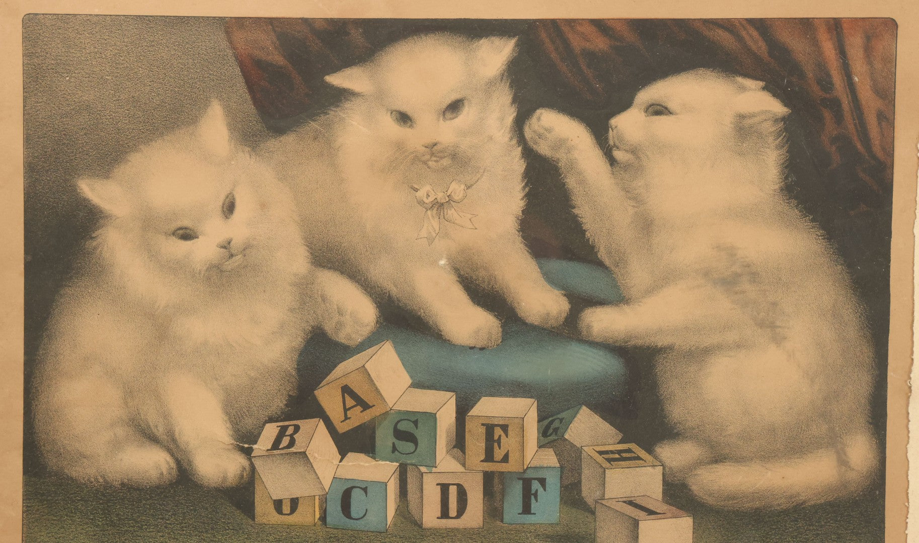 Lot 041 - Antique Hand Colored Lithograph Print Of "My Three White Kittens" Cats Playing With Blocks, "Learning Their A B C," Published By Currier & Ives, 19th Century, Note Frame Wear, 18-5/8" x 15-5/8"