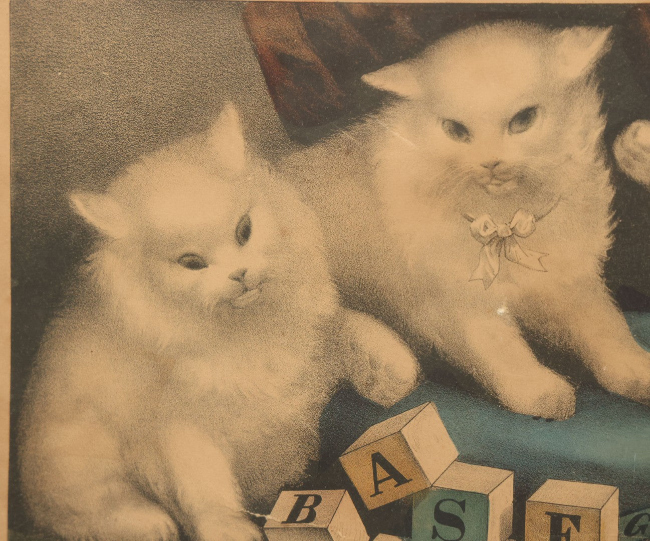 Lot 041 - Antique Hand Colored Lithograph Print Of "My Three White Kittens" Cats Playing With Blocks, "Learning Their A B C," Published By Currier & Ives, 19th Century, Note Frame Wear, 18-5/8" x 15-5/8"