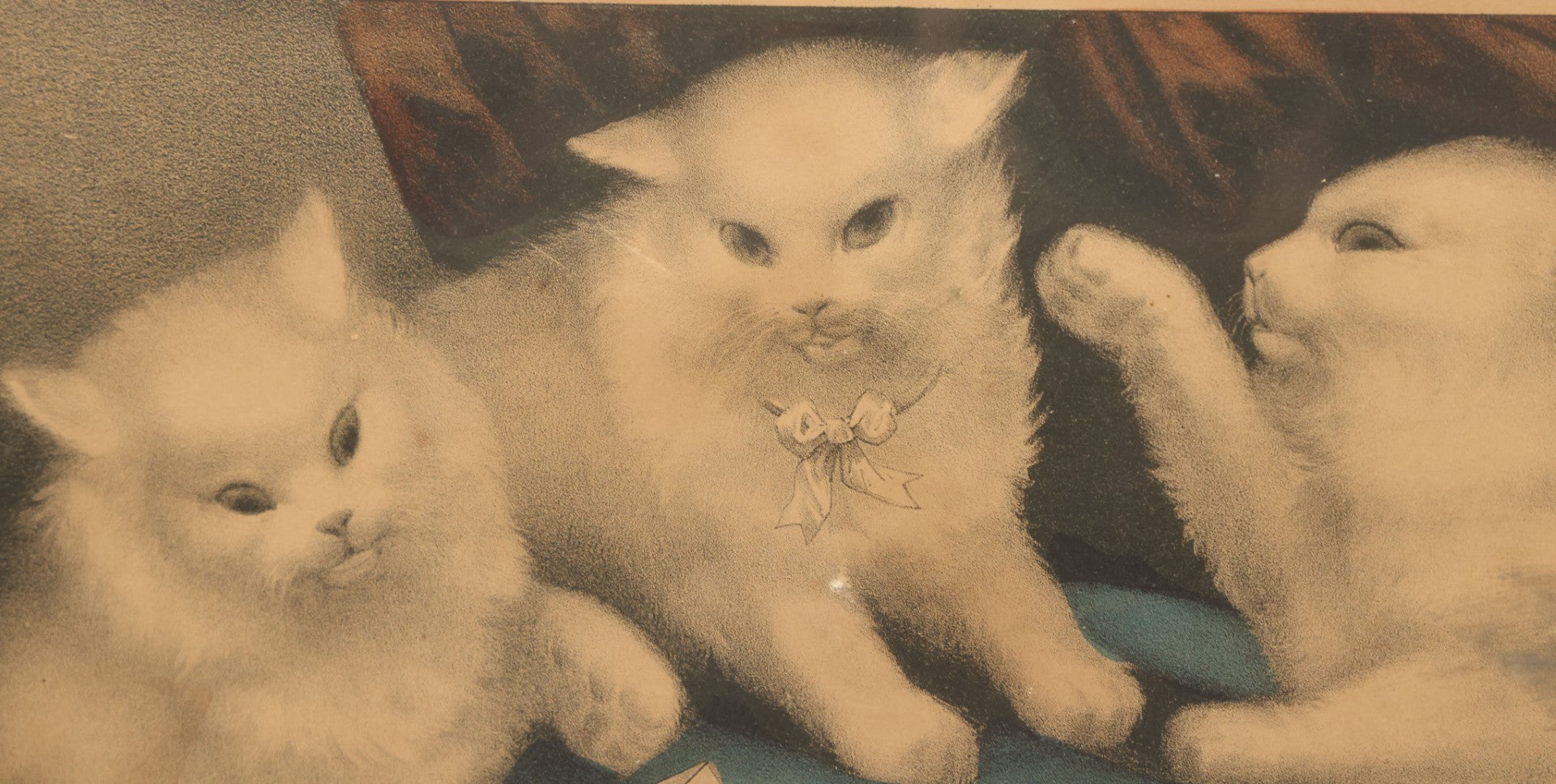 Lot 041 - Antique Hand Colored Lithograph Print Of "My Three White Kittens" Cats Playing With Blocks, "Learning Their A B C," Published By Currier & Ives, 19th Century, Note Frame Wear, 18-5/8" x 15-5/8"