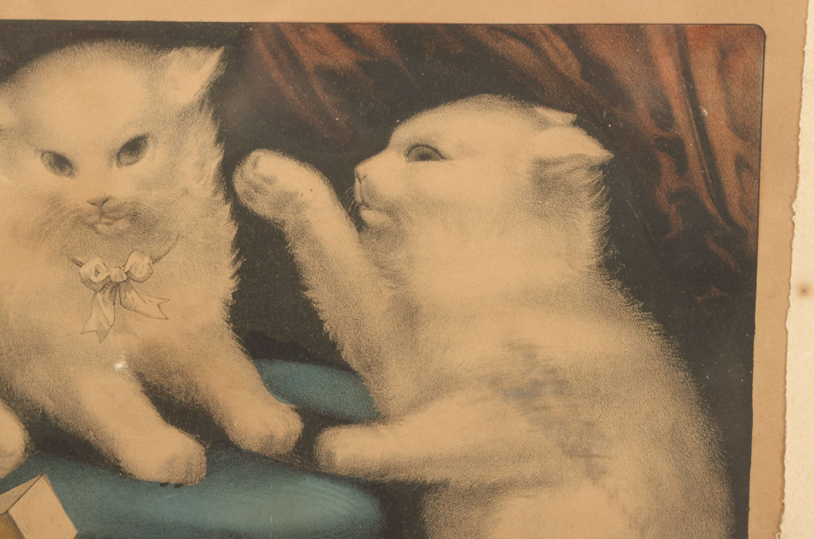 Lot 041 - Antique Hand Colored Lithograph Print Of "My Three White Kittens" Cats Playing With Blocks, "Learning Their A B C," Published By Currier & Ives, 19th Century, Note Frame Wear, 18-5/8" x 15-5/8"