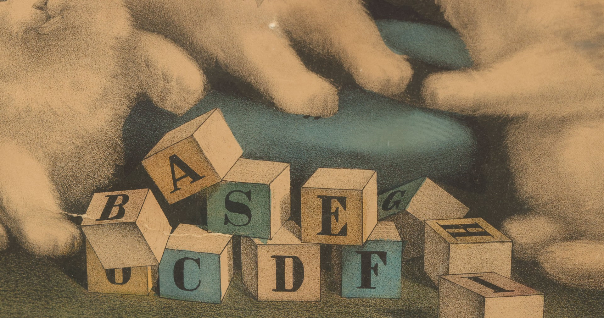 Lot 041 - Antique Hand Colored Lithograph Print Of "My Three White Kittens" Cats Playing With Blocks, "Learning Their A B C," Published By Currier & Ives, 19th Century, Note Frame Wear, 18-5/8" x 15-5/8"