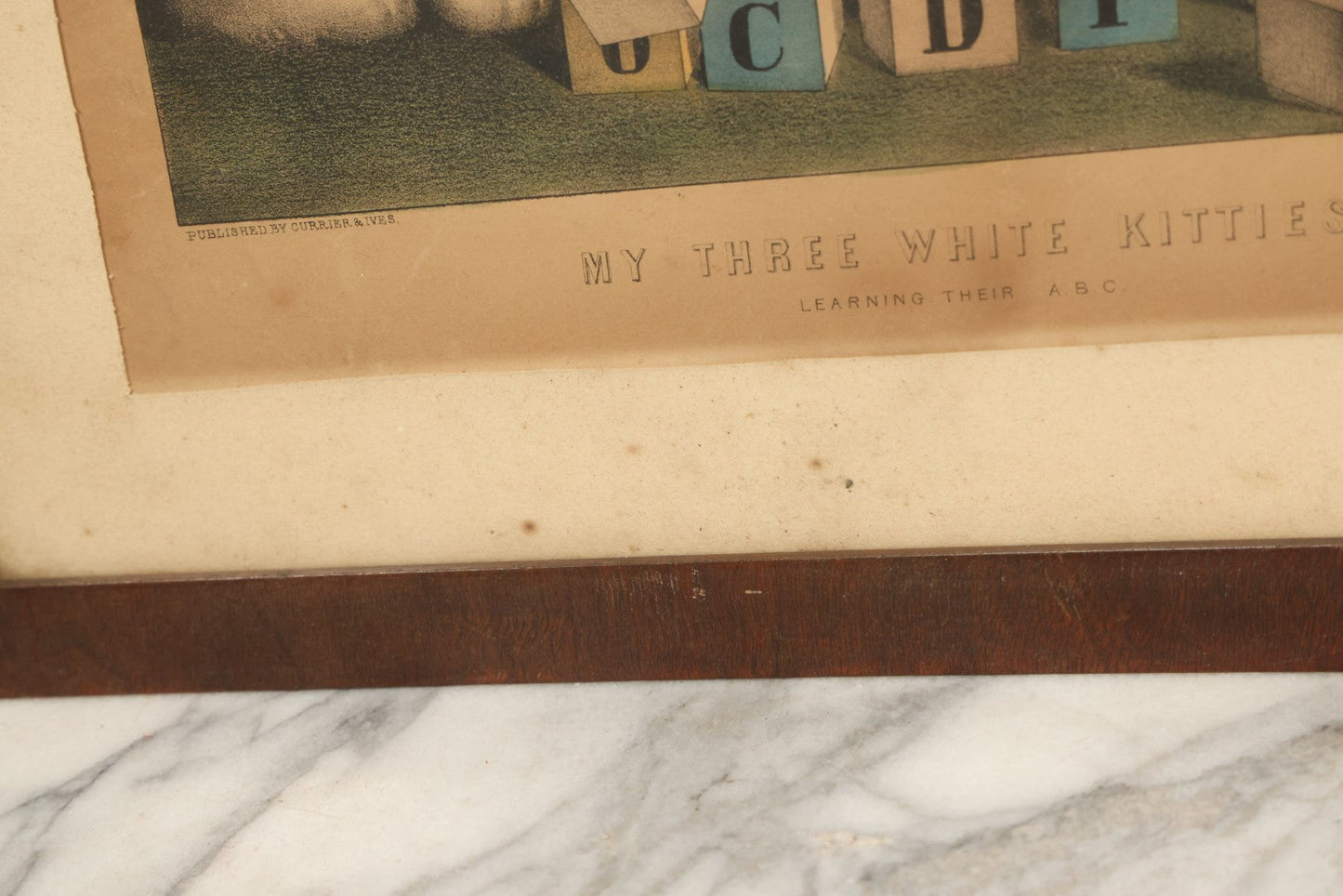 Lot 041 - Antique Hand Colored Lithograph Print Of "My Three White Kittens" Cats Playing With Blocks, "Learning Their A B C," Published By Currier & Ives, 19th Century, Note Frame Wear, 18-5/8" x 15-5/8"