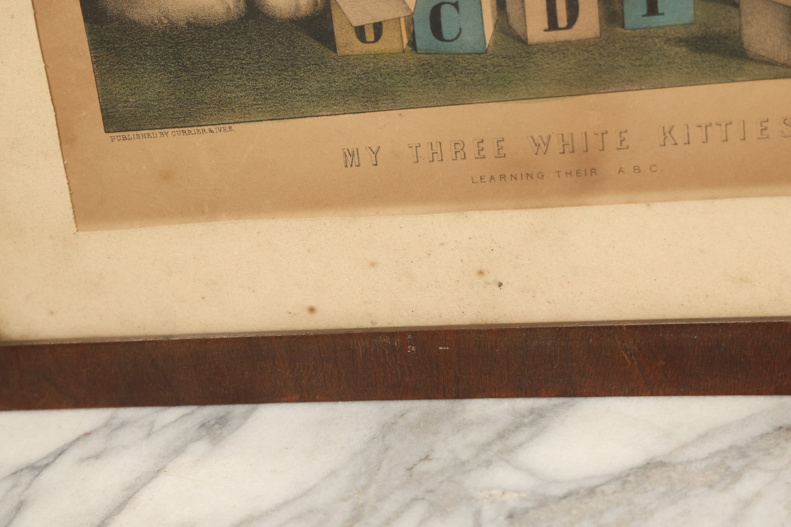 Lot 041 - Antique Hand Colored Lithograph Print Of "My Three White Kittens" Cats Playing With Blocks, "Learning Their A B C," Published By Currier & Ives, 19th Century, Note Frame Wear, 18-5/8" x 15-5/8"