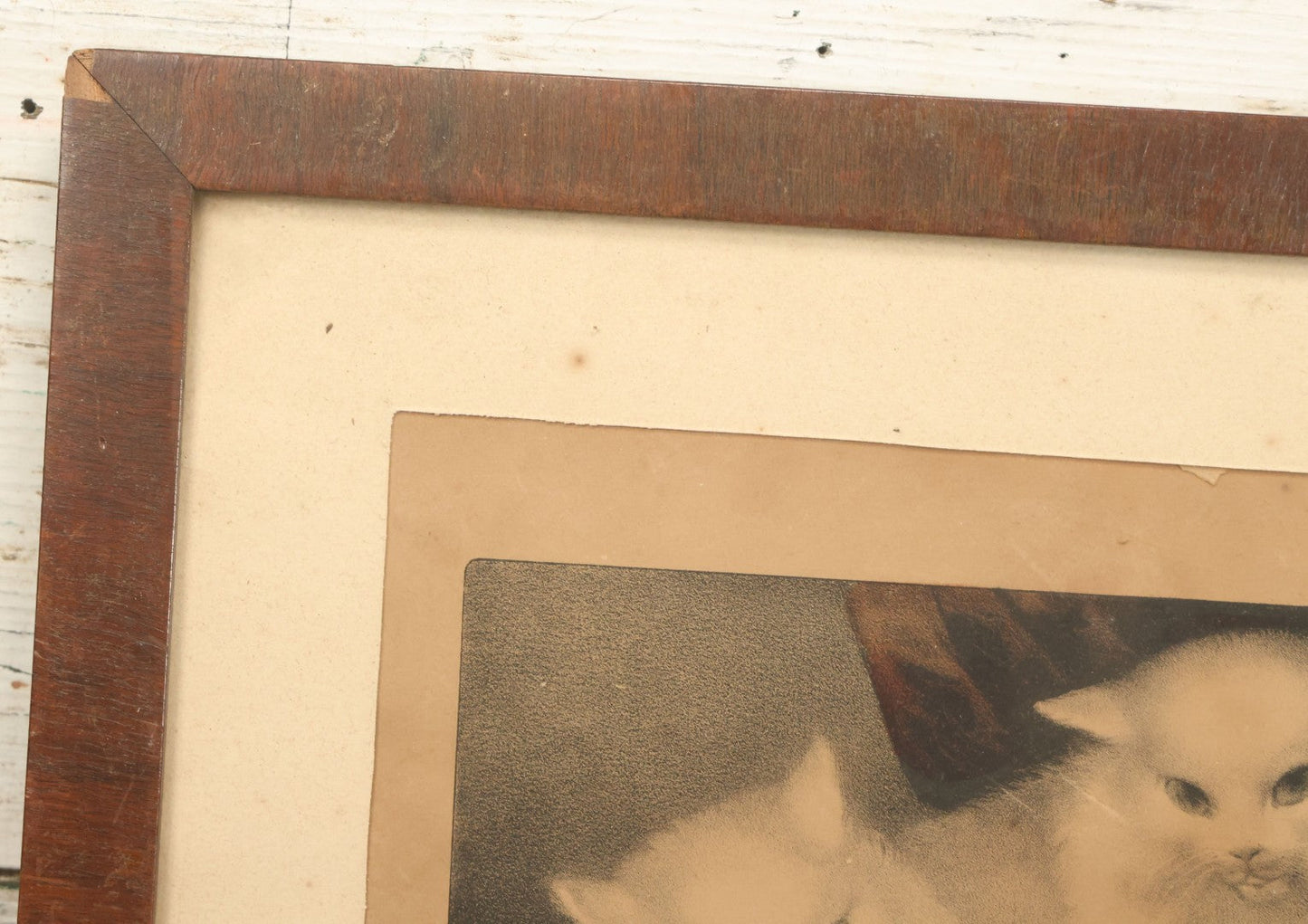 Lot 041 - Antique Hand Colored Lithograph Print Of "My Three White Kittens" Cats Playing With Blocks, "Learning Their A B C," Published By Currier & Ives, 19th Century, Note Frame Wear, 18-5/8" x 15-5/8"