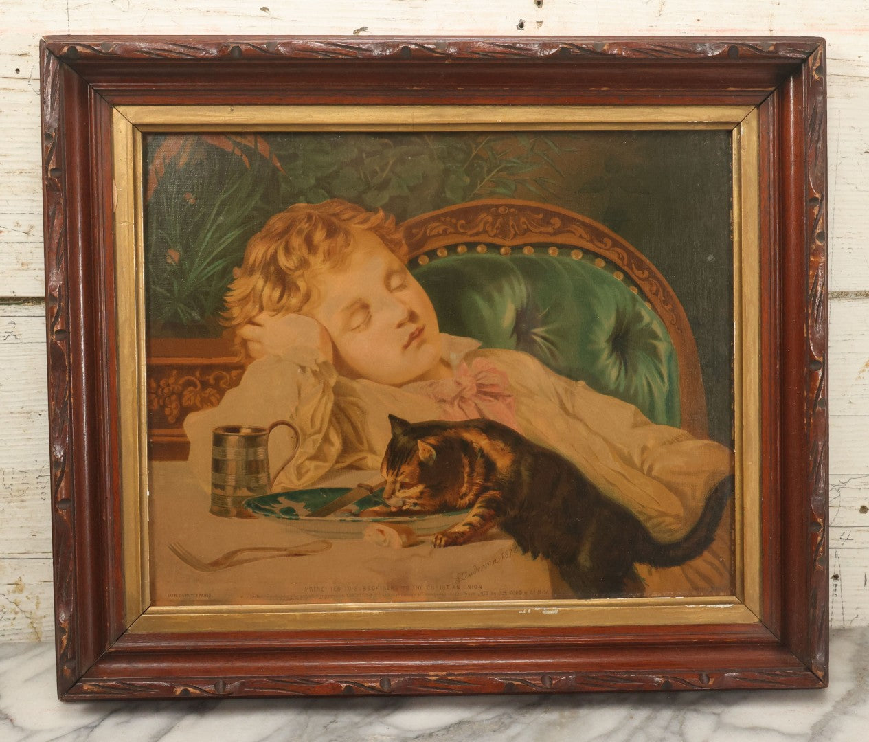 Lot 042 - Antique Chromolithograph Of Kitten Cat Eating Child's Dinner, Illustrated By S. Anderson, 1873, Presented To Subscribers To The Christian Union, Lithographed By Dupuy Of Paris, In Frame, 17-1/2" x 14-3/4"