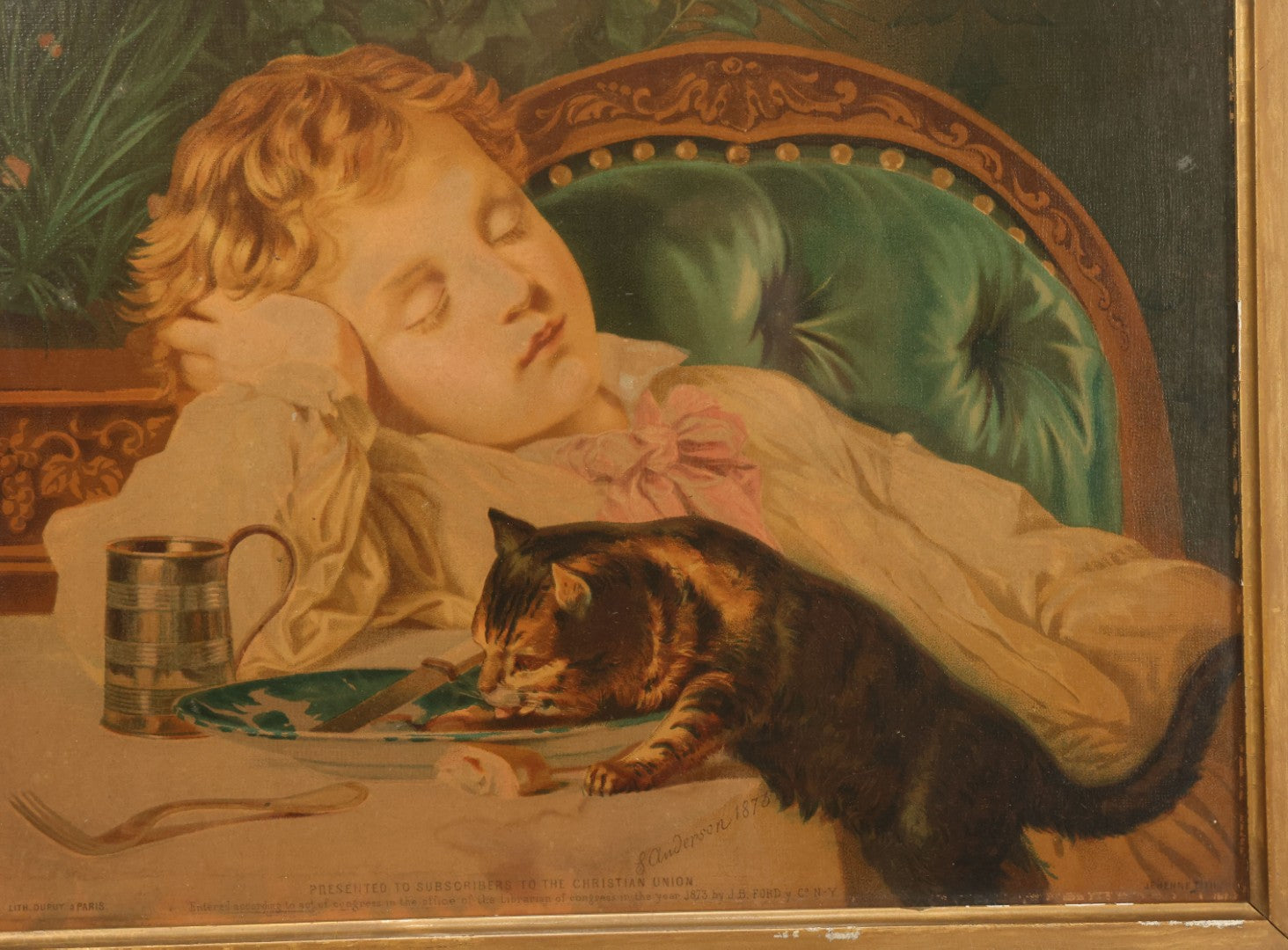 Lot 042 - Antique Chromolithograph Of Kitten Cat Eating Child's Dinner, Illustrated By S. Anderson, 1873, Presented To Subscribers To The Christian Union, Lithographed By Dupuy Of Paris, In Frame, 17-1/2" x 14-3/4"