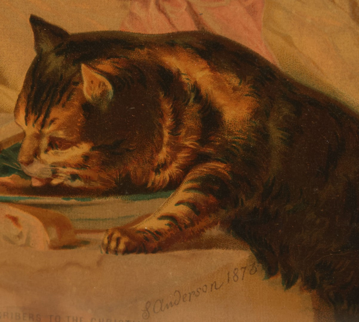 Lot 042 - Antique Chromolithograph Of Kitten Cat Eating Child's Dinner, Illustrated By S. Anderson, 1873, Presented To Subscribers To The Christian Union, Lithographed By Dupuy Of Paris, In Frame, 17-1/2" x 14-3/4"