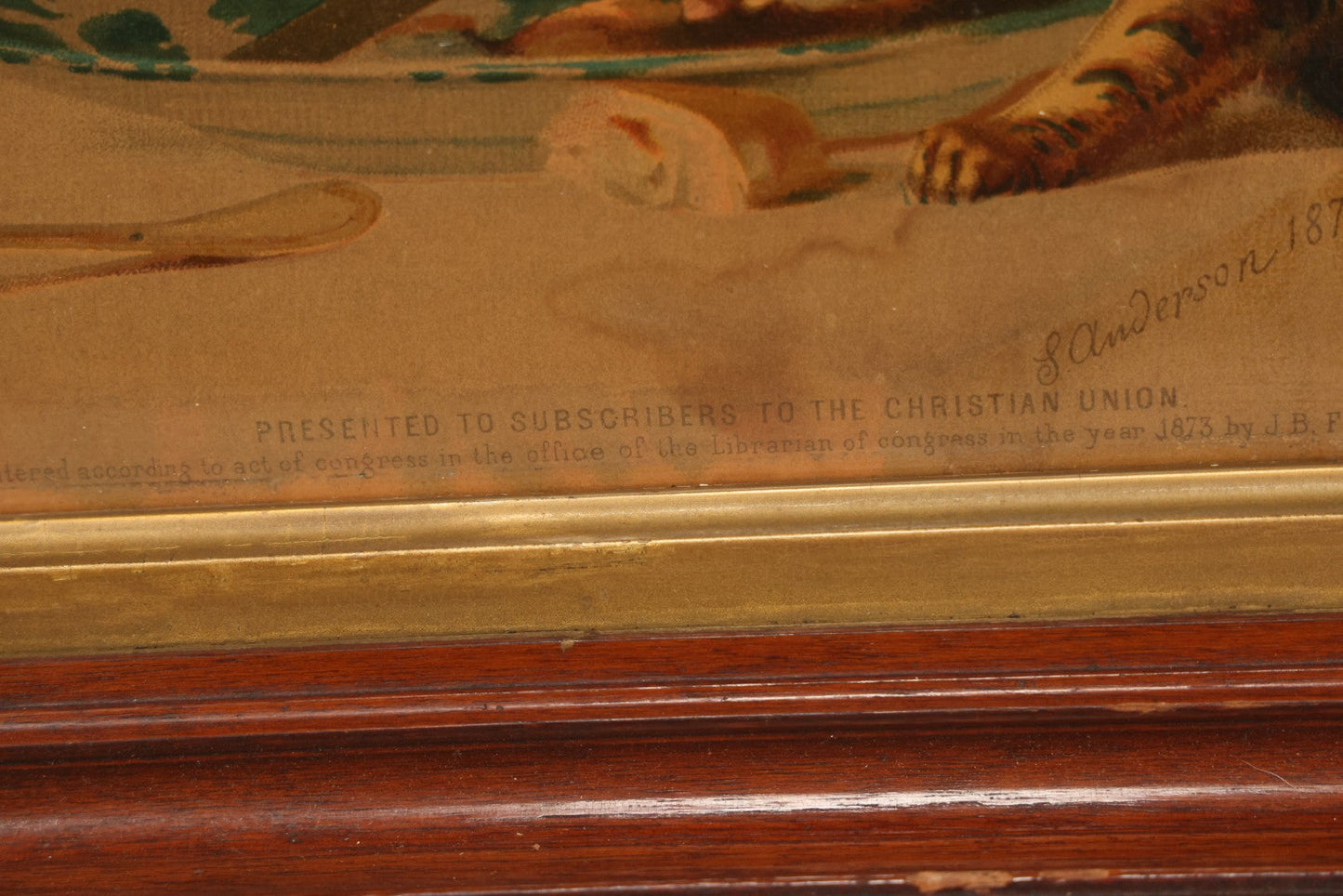 Lot 042 - Antique Chromolithograph Of Kitten Cat Eating Child's Dinner, Illustrated By S. Anderson, 1873, Presented To Subscribers To The Christian Union, Lithographed By Dupuy Of Paris, In Frame, 17-1/2" x 14-3/4"