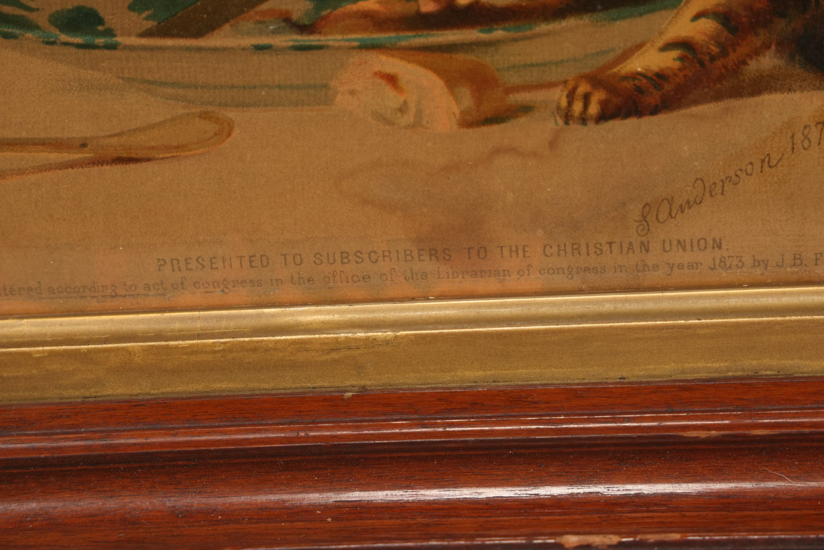 Lot 042 - Antique Chromolithograph Of Kitten Cat Eating Child's Dinner, Illustrated By S. Anderson, 1873, Presented To Subscribers To The Christian Union, Lithographed By Dupuy Of Paris, In Frame, 17-1/2" x 14-3/4"