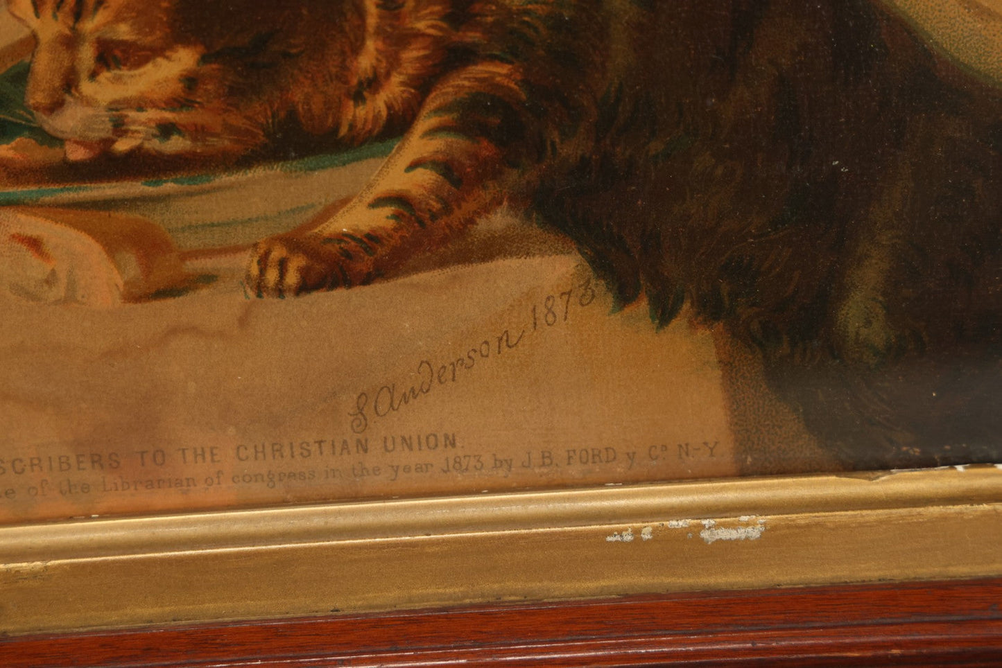 Lot 042 - Antique Chromolithograph Of Kitten Cat Eating Child's Dinner, Illustrated By S. Anderson, 1873, Presented To Subscribers To The Christian Union, Lithographed By Dupuy Of Paris, In Frame, 17-1/2" x 14-3/4"