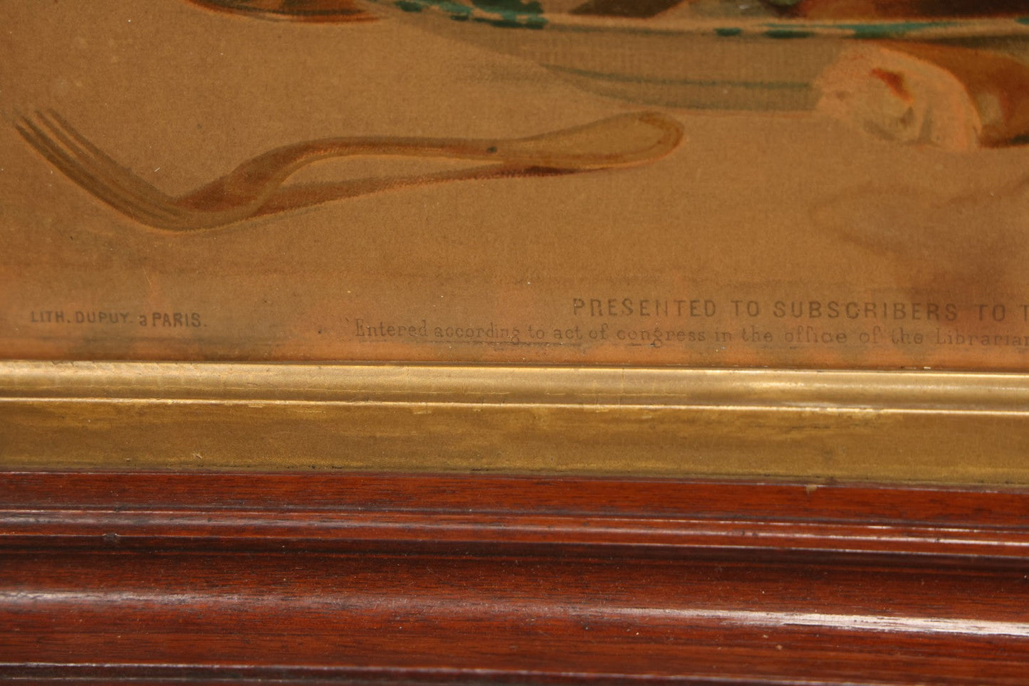 Lot 042 - Antique Chromolithograph Of Kitten Cat Eating Child's Dinner, Illustrated By S. Anderson, 1873, Presented To Subscribers To The Christian Union, Lithographed By Dupuy Of Paris, In Frame, 17-1/2" x 14-3/4"