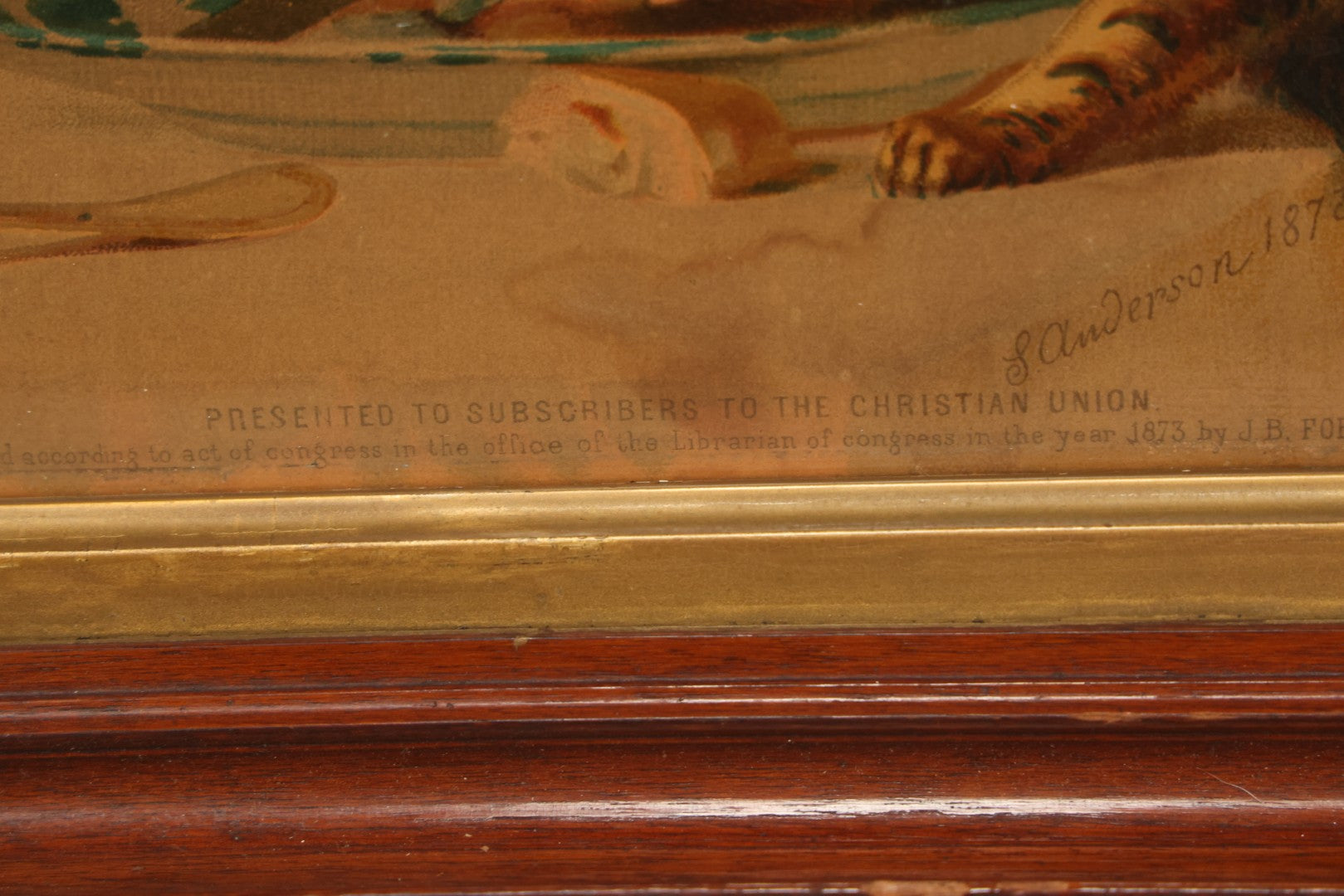 Lot 042 - Antique Chromolithograph Of Kitten Cat Eating Child's Dinner, Illustrated By S. Anderson, 1873, Presented To Subscribers To The Christian Union, Lithographed By Dupuy Of Paris, In Frame, 17-1/2" x 14-3/4"