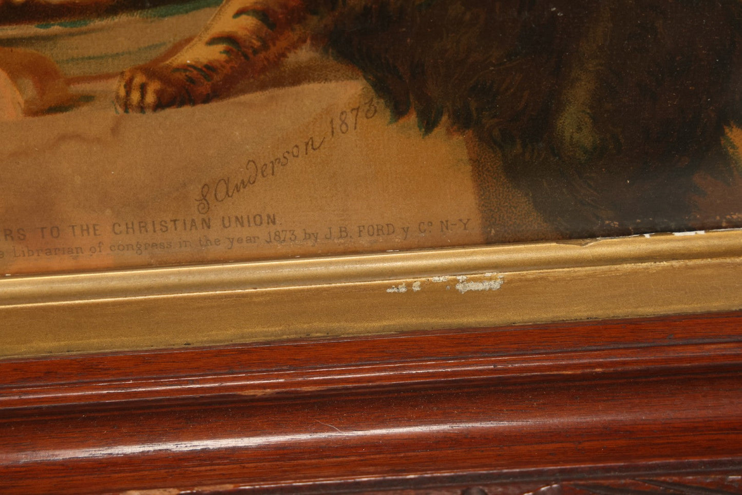 Lot 042 - Antique Chromolithograph Of Kitten Cat Eating Child's Dinner, Illustrated By S. Anderson, 1873, Presented To Subscribers To The Christian Union, Lithographed By Dupuy Of Paris, In Frame, 17-1/2" x 14-3/4"