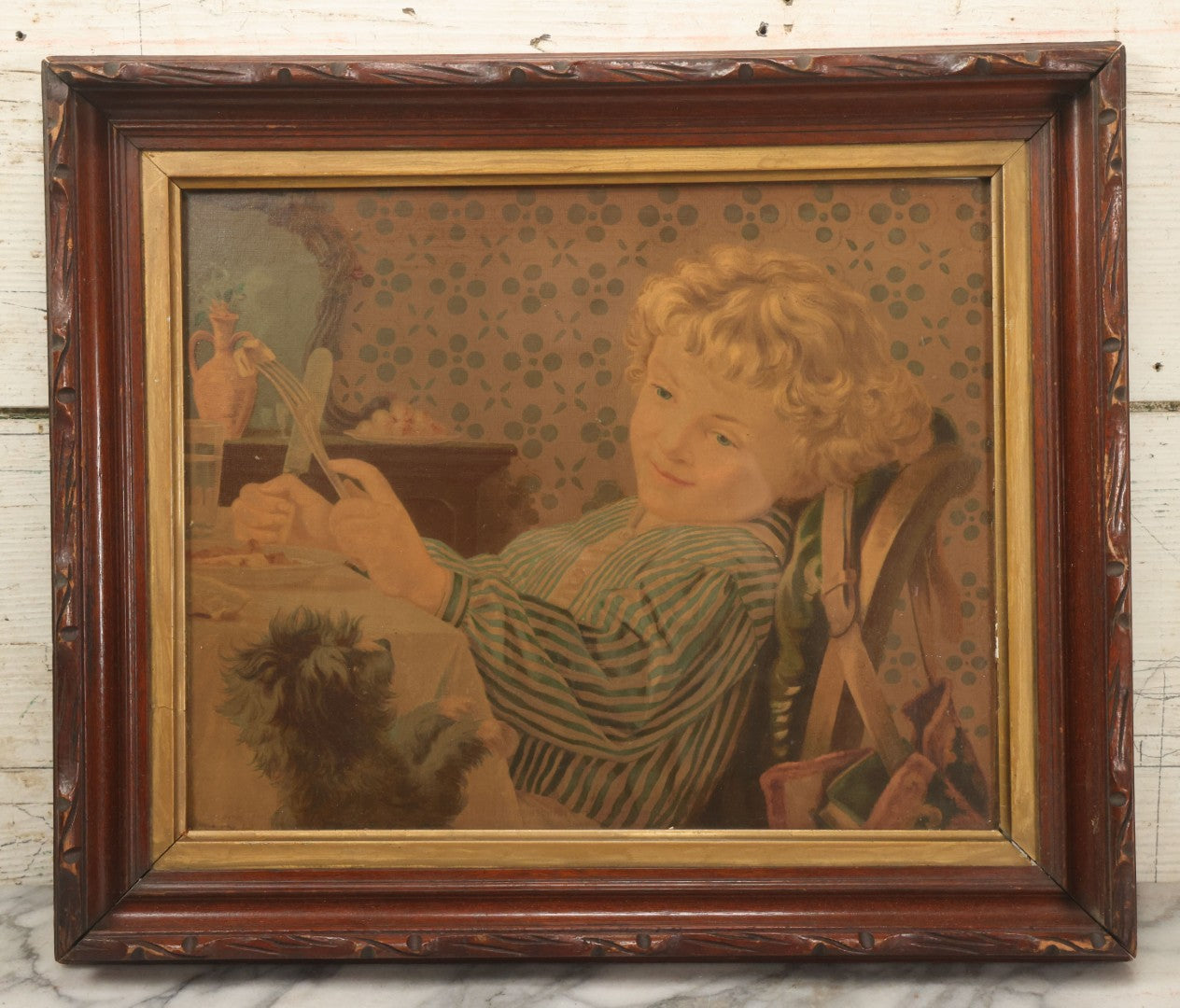 Lot 043 - Antique Chromolithograph Of Dog Begging Child At Dinner Table, Circa 1873, Presented To Subscribers To The Christian Union, Lithographed By Dupuy Of Paris, In Frame, 17-1/2" x 14-3/4"