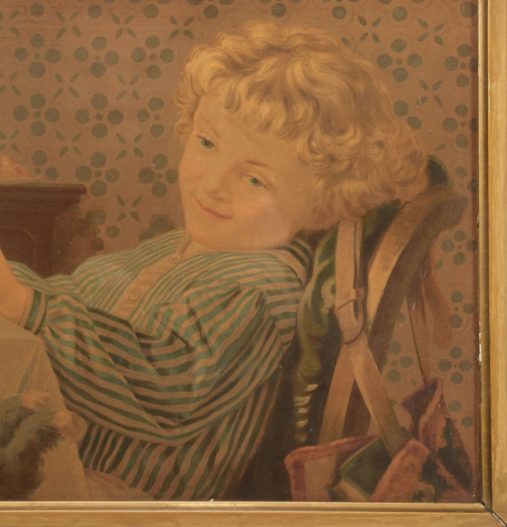 Lot 043 - Antique Chromolithograph Of Dog Begging Child At Dinner Table, Circa 1873, Presented To Subscribers To The Christian Union, Lithographed By Dupuy Of Paris, In Frame, 17-1/2" x 14-3/4"