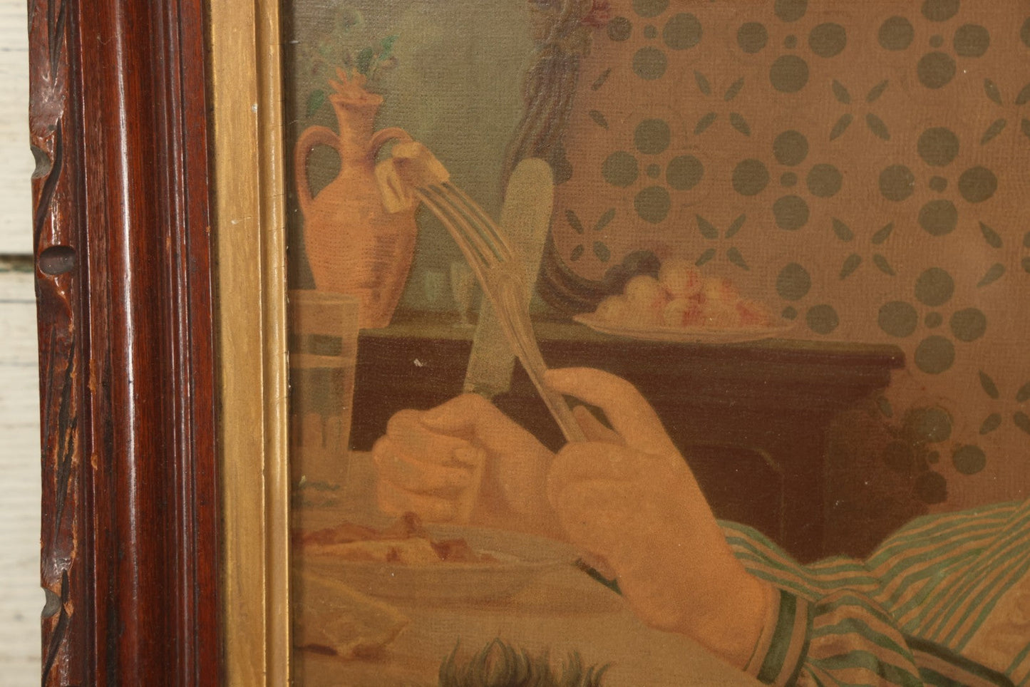 Lot 043 - Antique Chromolithograph Of Dog Begging Child At Dinner Table, Circa 1873, Presented To Subscribers To The Christian Union, Lithographed By Dupuy Of Paris, In Frame, 17-1/2" x 14-3/4"