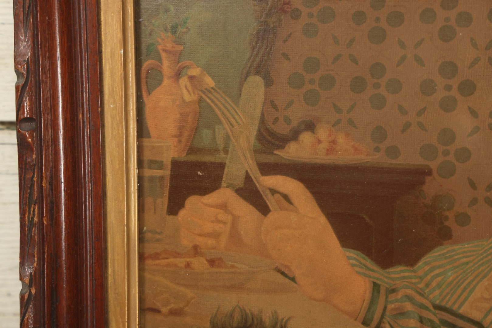 Lot 043 - Antique Chromolithograph Of Dog Begging Child At Dinner Table, Circa 1873, Presented To Subscribers To The Christian Union, Lithographed By Dupuy Of Paris, In Frame, 17-1/2" x 14-3/4"