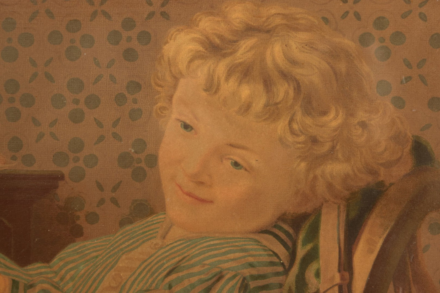 Lot 043 - Antique Chromolithograph Of Dog Begging Child At Dinner Table, Circa 1873, Presented To Subscribers To The Christian Union, Lithographed By Dupuy Of Paris, In Frame, 17-1/2" x 14-3/4"