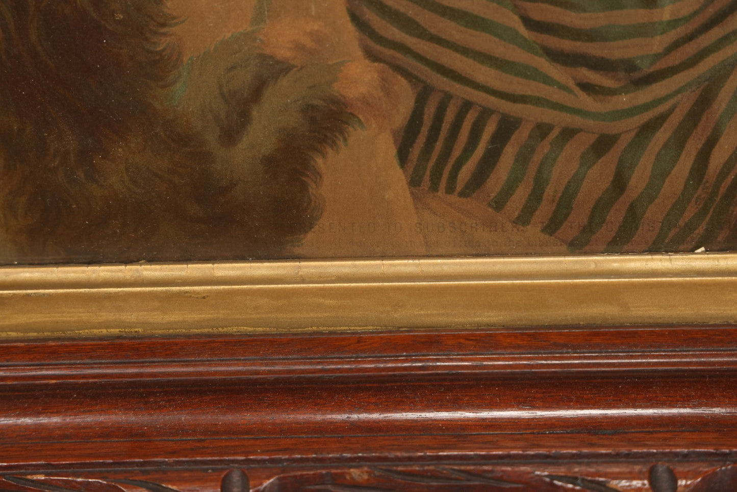 Lot 043 - Antique Chromolithograph Of Dog Begging Child At Dinner Table, Circa 1873, Presented To Subscribers To The Christian Union, Lithographed By Dupuy Of Paris, In Frame, 17-1/2" x 14-3/4"