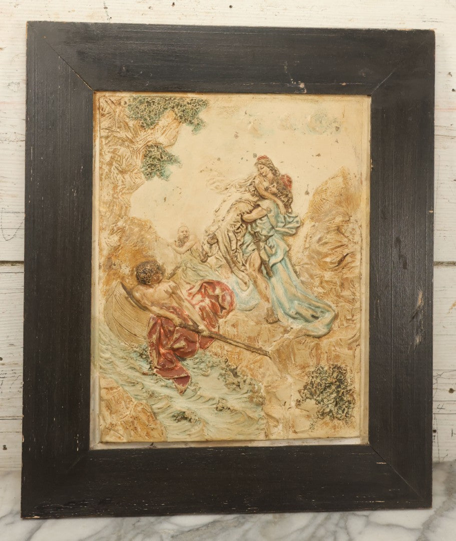 Lot 044 - Antique Relief Plaque In Frame Depicting A Man And A Woman In And Embrace, Bearded Man Watching, Boy In Canoe, Unknown Scene, Possible Mythology Reference, 15-1/4" x 18"