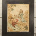 Lot 044 - Antique Relief Plaque In Frame Depicting A Man And A Woman In And Embrace, Bearded Man Watching, Boy In Canoe, Unknown Scene, Possible Mythology Reference, 15-1/4" x 18"