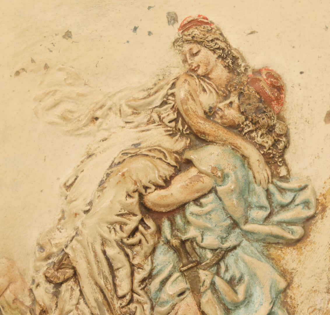 Lot 044 - Antique Relief Plaque In Frame Depicting A Man And A Woman In And Embrace, Bearded Man Watching, Boy In Canoe, Unknown Scene, Possible Mythology Reference, 15-1/4" x 18"