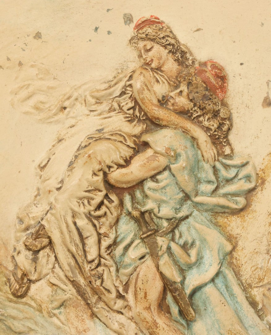 Lot 044 - Antique Relief Plaque In Frame Depicting A Man And A Woman In And Embrace, Bearded Man Watching, Boy In Canoe, Unknown Scene, Possible Mythology Reference, 15-1/4" x 18"