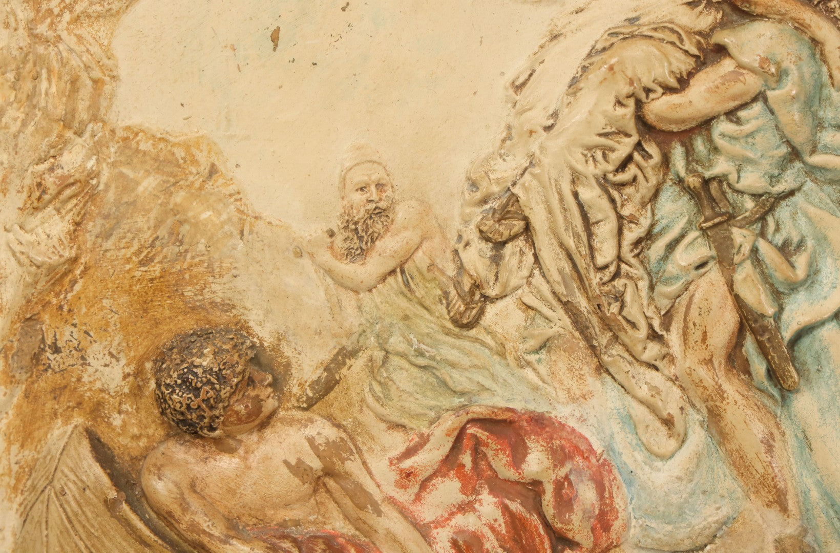 Lot 044 - Antique Relief Plaque In Frame Depicting A Man And A Woman In And Embrace, Bearded Man Watching, Boy In Canoe, Unknown Scene, Possible Mythology Reference, 15-1/4" x 18"