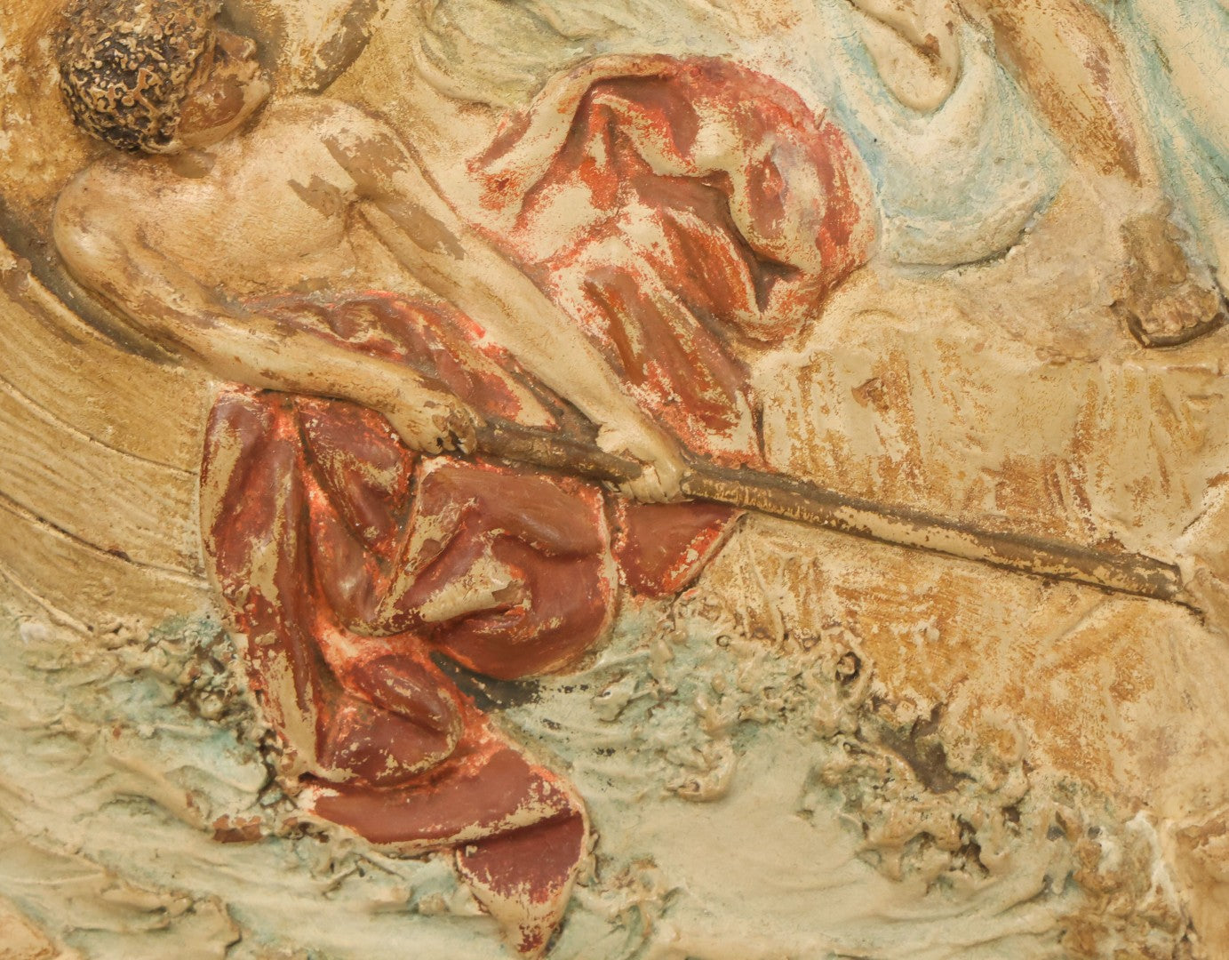 Lot 044 - Antique Relief Plaque In Frame Depicting A Man And A Woman In And Embrace, Bearded Man Watching, Boy In Canoe, Unknown Scene, Possible Mythology Reference, 15-1/4" x 18"