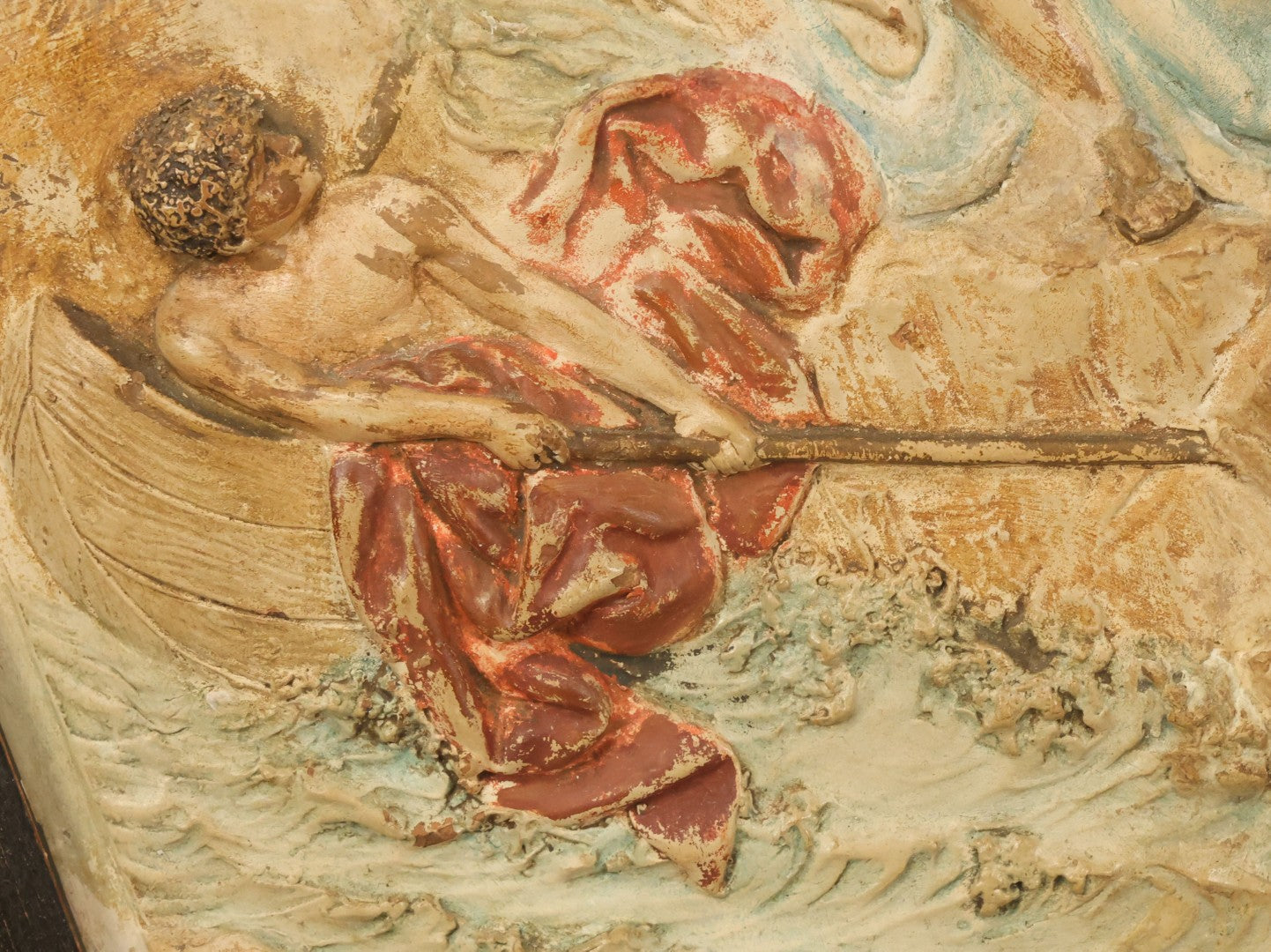 Lot 044 - Antique Relief Plaque In Frame Depicting A Man And A Woman In And Embrace, Bearded Man Watching, Boy In Canoe, Unknown Scene, Possible Mythology Reference, 15-1/4" x 18"