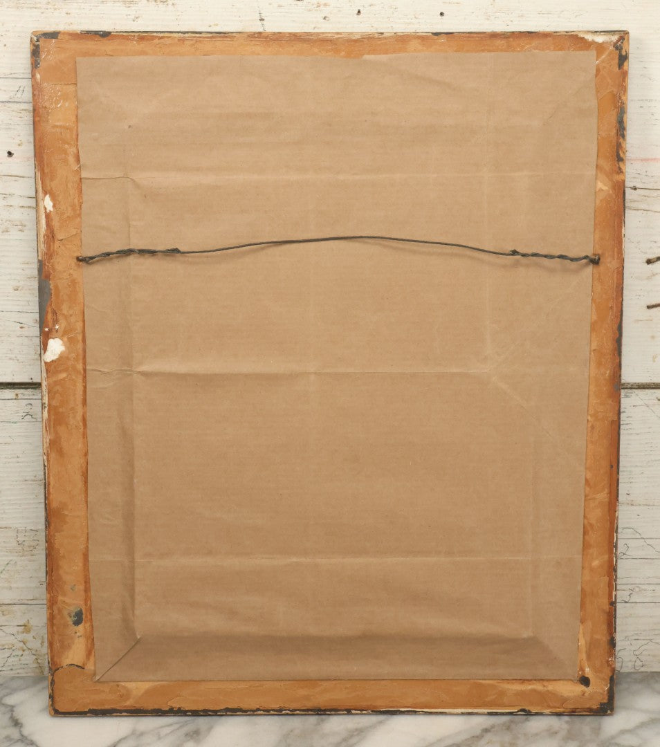 Lot 044 - Antique Relief Plaque In Frame Depicting A Man And A Woman In And Embrace, Bearded Man Watching, Boy In Canoe, Unknown Scene, Possible Mythology Reference, 15-1/4" x 18"