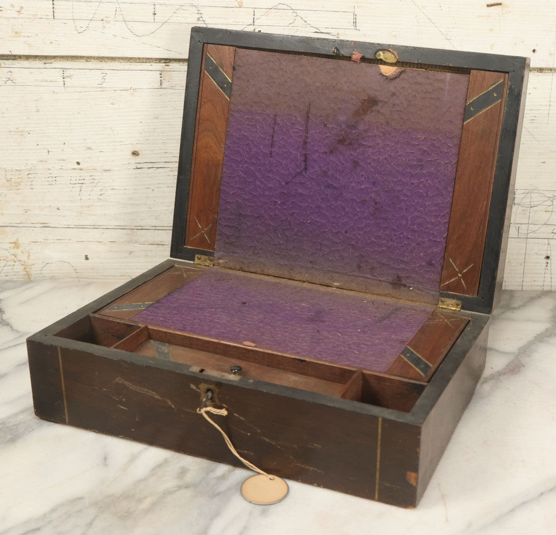Lot 045 - Antique Lift Top Writing Lap Desk With Interior Compartments, Purple Felt, Decorated, With Key, Belonged To David H.M. Gillespie, With Calling Cards Inside From Will H. Gillespie, As Found