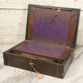 Lot 045 - Antique Lift Top Writing Lap Desk With Interior Compartments, Purple Felt, Decorated, With Key, Belonged To David H.M. Gillespie, With Calling Cards Inside From Will H. Gillespie, As Found