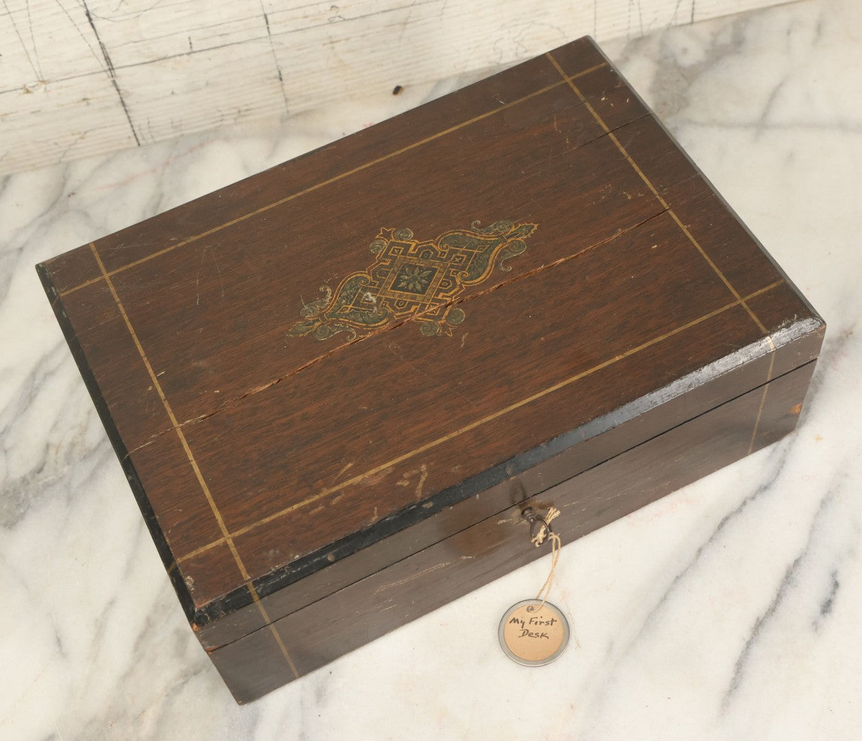 Lot 045 - Antique Lift Top Writing Lap Desk With Interior Compartments, Purple Felt, Decorated, With Key, Belonged To David H.M. Gillespie, With Calling Cards Inside From Will H. Gillespie, As Found