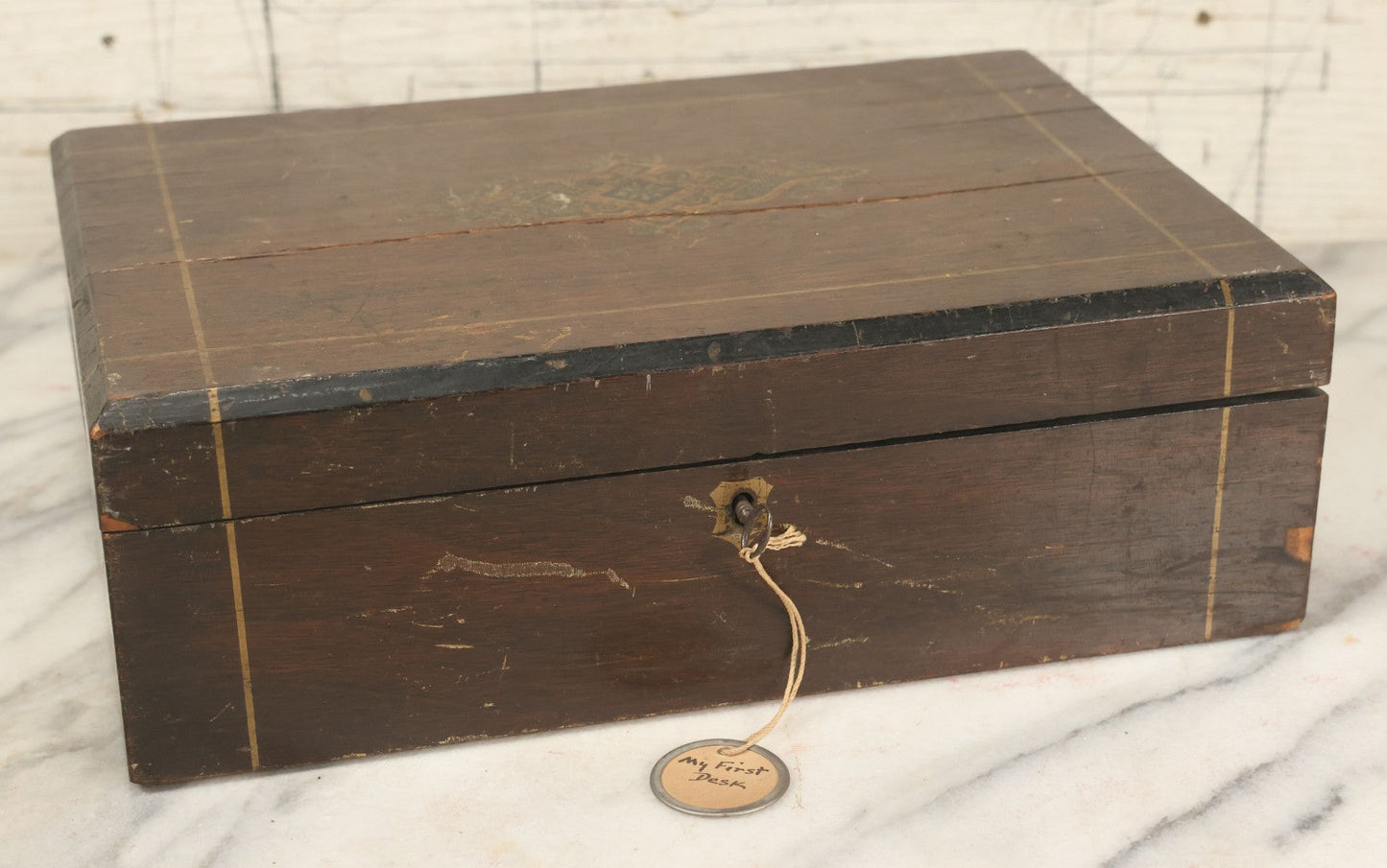 Lot 045 - Antique Lift Top Writing Lap Desk With Interior Compartments, Purple Felt, Decorated, With Key, Belonged To David H.M. Gillespie, With Calling Cards Inside From Will H. Gillespie, As Found